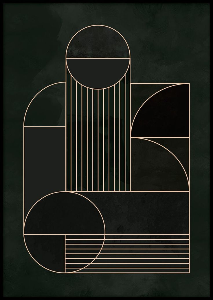 a black and gold art deco poster with circles, lines, and rectangles