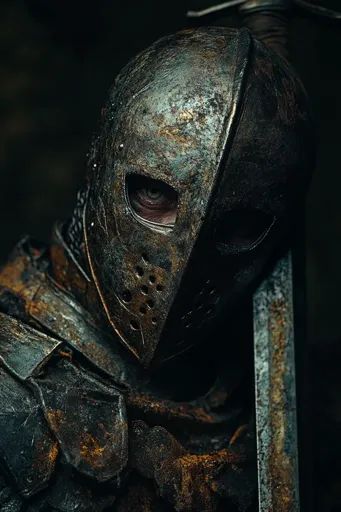 ↑↑↑ Larger size on website 🔸 The image depicts a close-up of a knight's face, obscured by a weathered, rusty helmet.  A single ey Dark Fantasy Helmet Design, Knight Helmet Reference, Fantasy Knight Helmet, Angel Knight, Knight Mask, Cinematic Scene, Evil Knight, Knight Helmet, Eye Piercing