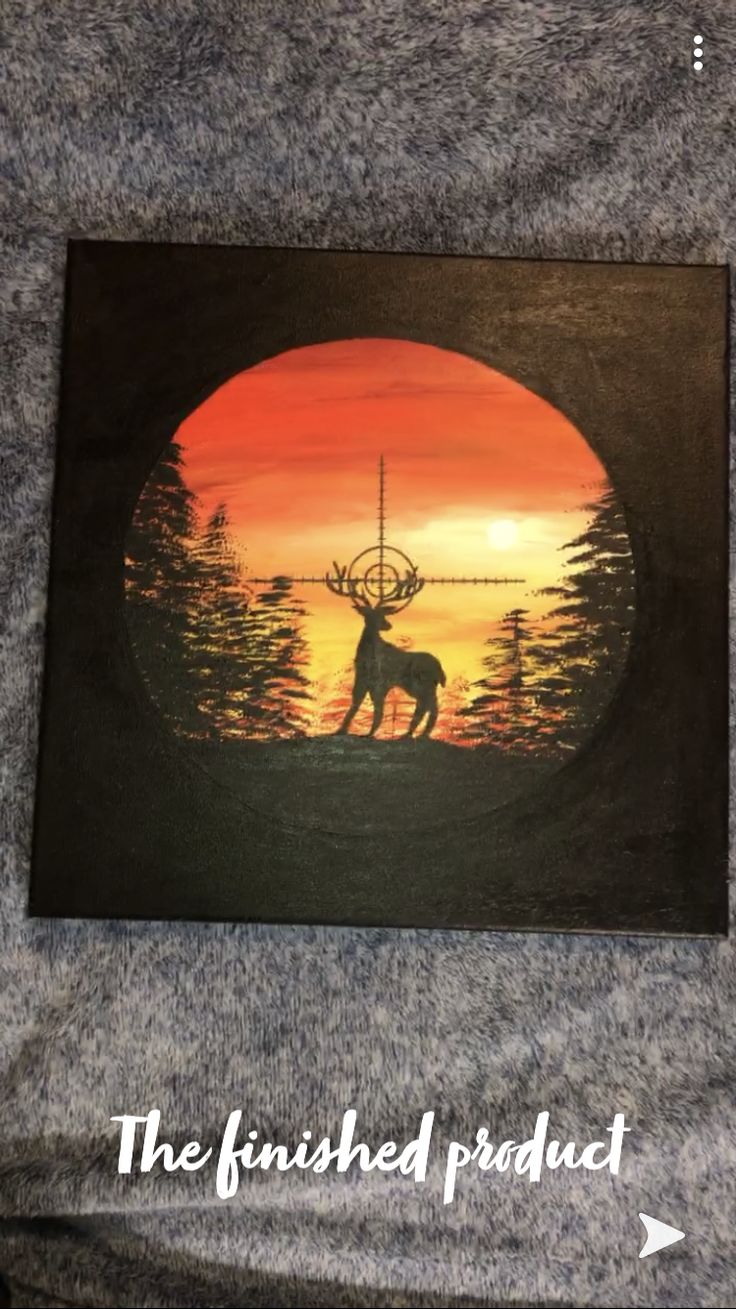 a painting of a deer standing in front of a sunset