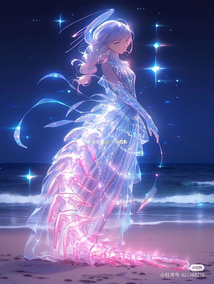 a woman standing on top of a beach next to the ocean under a night sky