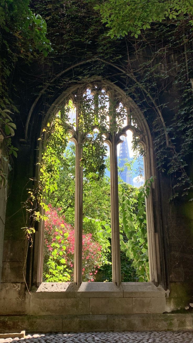 an arched window with ivy growing on the walls and surrounding it is surrounded by greenery