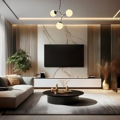 a modern living room with marble walls and flooring, large television on the wall