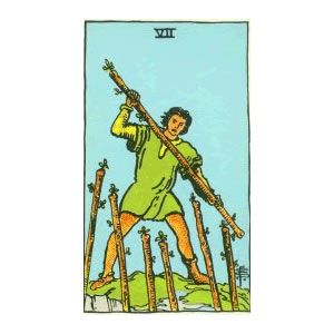 a tarot card with a man holding two swords in his hand and the number 11 on it