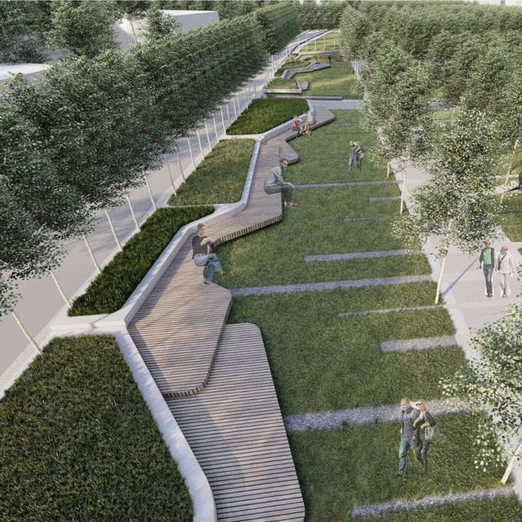 an artist's rendering of a park with stairs and people walking