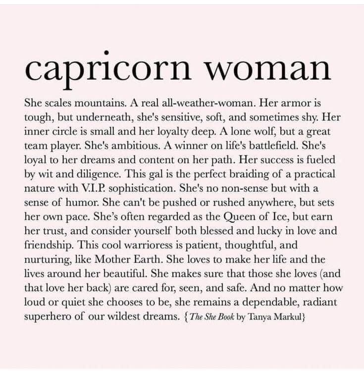 an article about capricorn woman written in black and white on a pink background