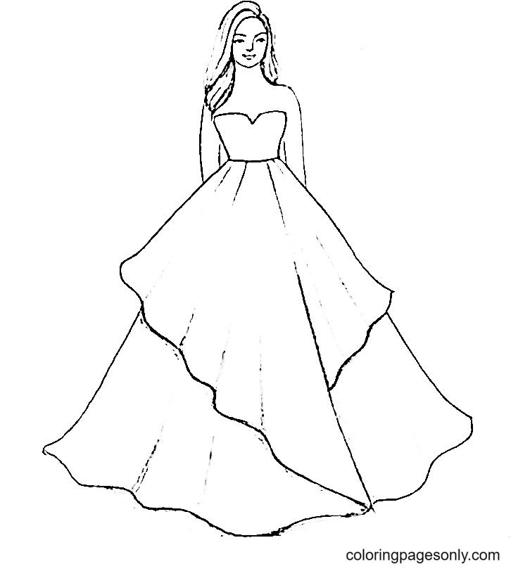 a line drawing of a woman in a ball gown with long hair and flowing skirt