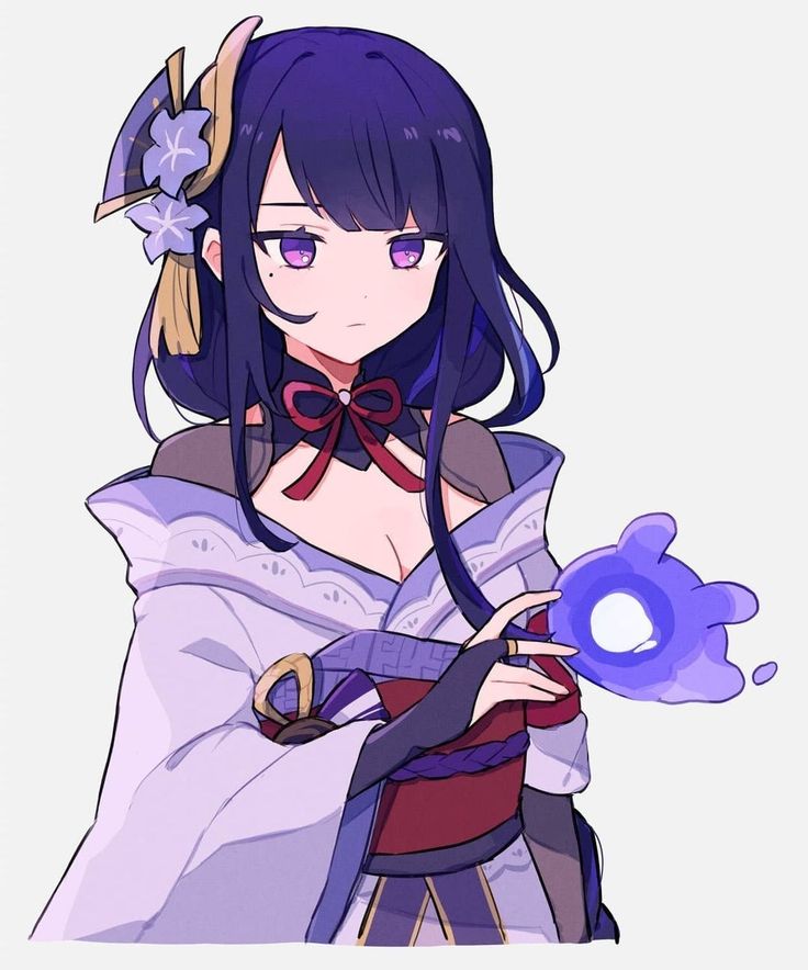 an anime character with long black hair and blue eyes, holding a purple object in her hand