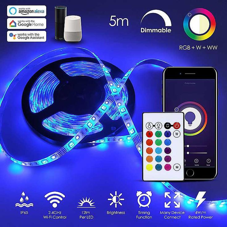 the blue led strip light is next to an iphone and remote control, with 5m ir