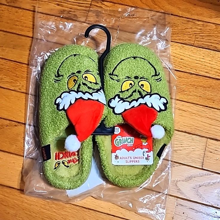 Brand New Grinch Slippers. One Size Fits Most Adult Slippers. Adult Women. Size 8.5/9. Kids Size Fits Size 13 To Kids Size 1. Toddler Fits Size 8/9. Did Tear Tag Off Thinking They Would Fit. The Kids Does Have Tag Attached. Was Tried On In House. Grinch Slippers, Grinch Shoes, Toddler Fits, The Kids, Grinch, Size 13, Slippers, Green, Red