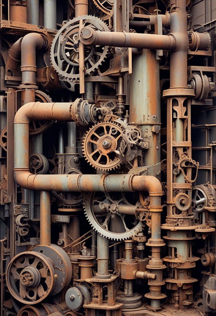 an image of industrial pipes and machinery that are rusted to make it look like they have gears on them