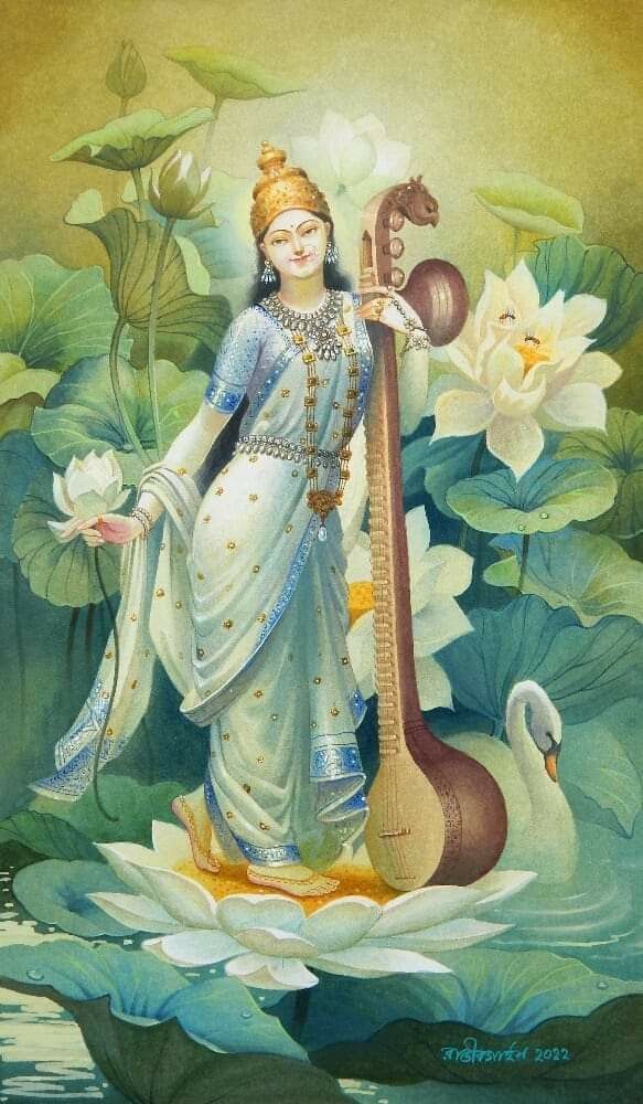 a painting of a woman holding a musical instrument in her hands and standing on water lilies