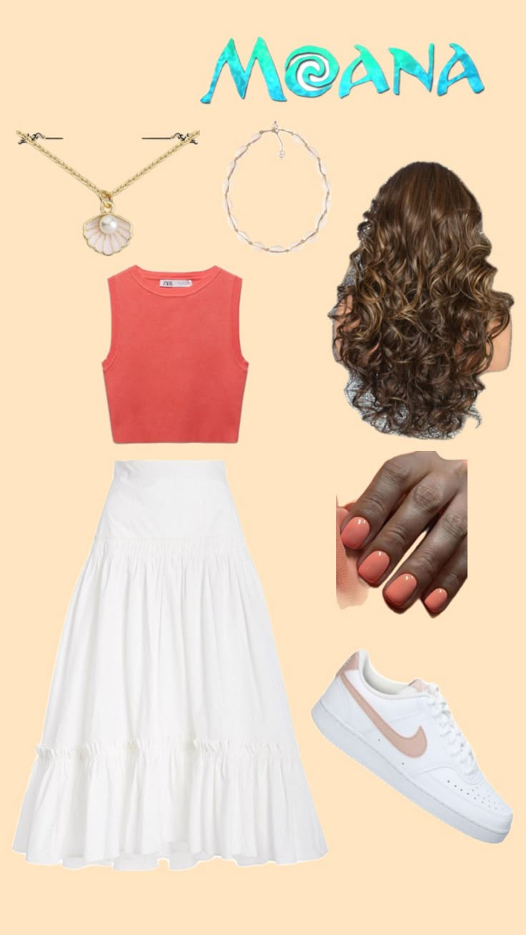 a woman's outfit and accessories including sneakers, bracelets, hair clip, necklace with the word moan on it