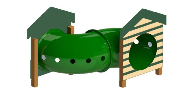 a green slide with two wooden posts on each side and an animal face at the top