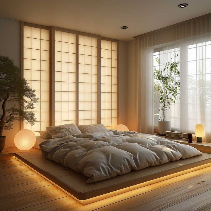 a large bed sitting in the middle of a room next to a window with sheer curtains