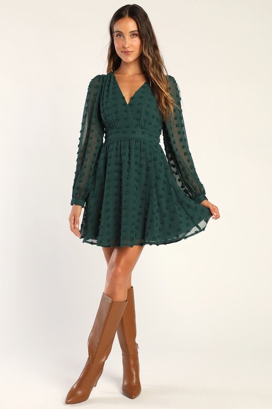 We're not going to lieâ€”the Lulus Always on Repeat Emerald Green Clip Dot Long Sleeve Mini Dress is a 'fit we'd wear again and again! Lightweight woven chiffon, with a clip dot texture throughout, shapes this stylish dress that has long balloon sleeves with button cuffs and gathering at the shoulders. Surplice bodice sits above a banded waist, falling to a cute A-line mini skirt. Hidden zipper/clasp at back. Fit: This garment fits true to size. Length: Mid-thigh. Size medium measures 34.5" from Emerald Green Mini Dress, Plus Size Skater Dress, Green Formal Dresses, Dot Texture, Lulu Fashion, A Line Mini Skirt, Green Mini Dress, Grad Dresses, On Repeat