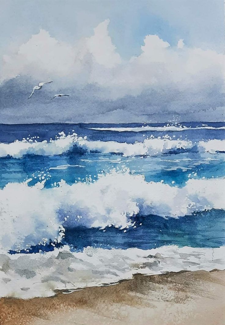 a watercolor painting of waves crashing on the beach with blue sky and clouds in the background