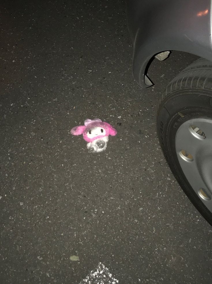 a small pink teddy bear on the ground next to a parked car with it's head sticking out