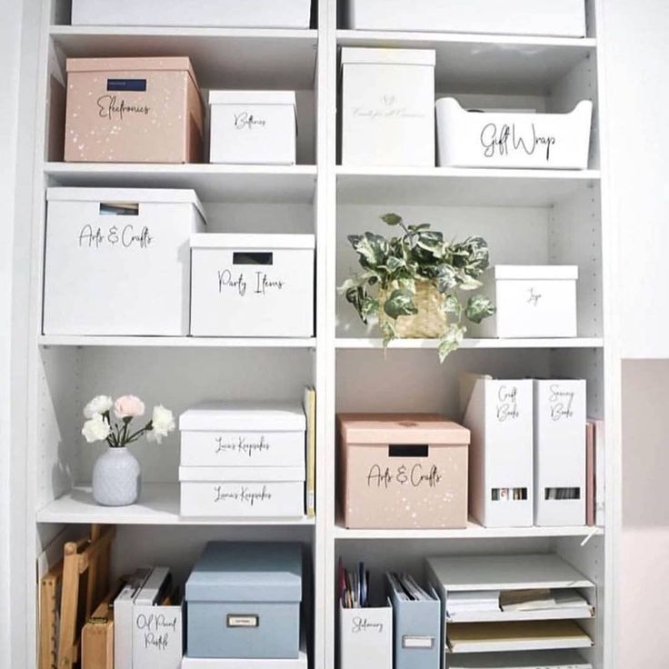 the shelves are organized with boxes and file folders