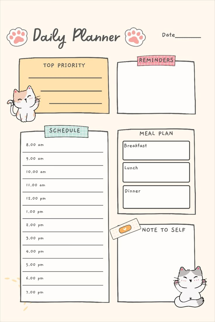 Cute Cat Digital Planner | Printable Planner by  Amy Eddington #planneraddicts Cute Daily Planner, Free Planner Templates, Daily Planner Printables Free, Free Daily Planner, Weekly Planner Free, Study Planner Printable, To Do Planner, Monthly Planner Template, Cat Digital