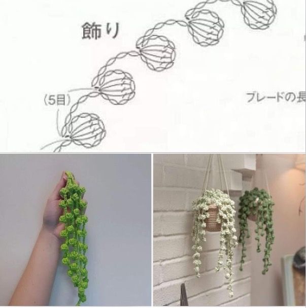 three pictures with flowers hanging from the ceiling and in front of a brick wall that has japanese writing on it