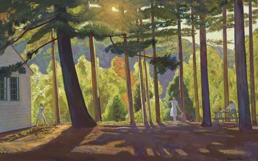 an oil painting of people walking in the woods near a white house with trees on both sides