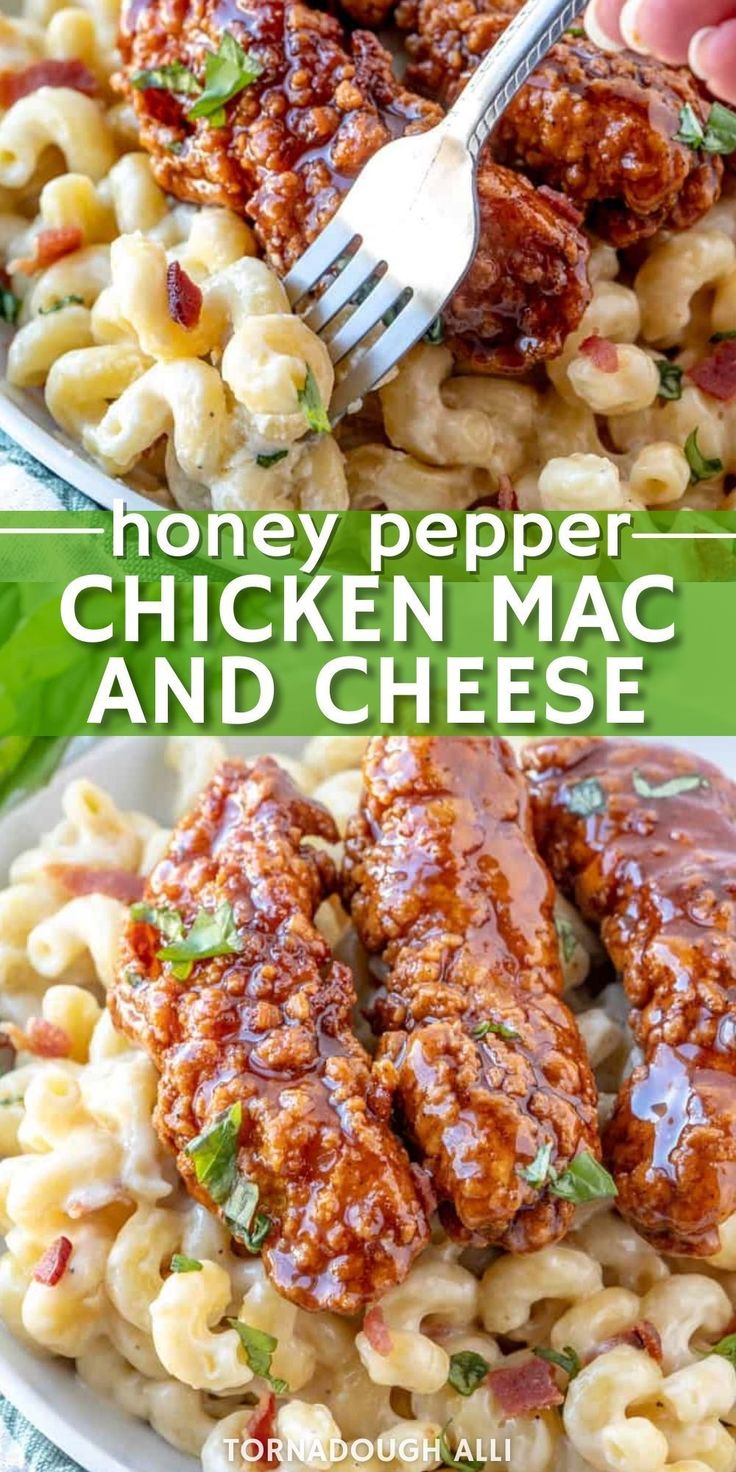 two plates with macaroni and cheese covered in honey pepper chicken sauce, on top of each other