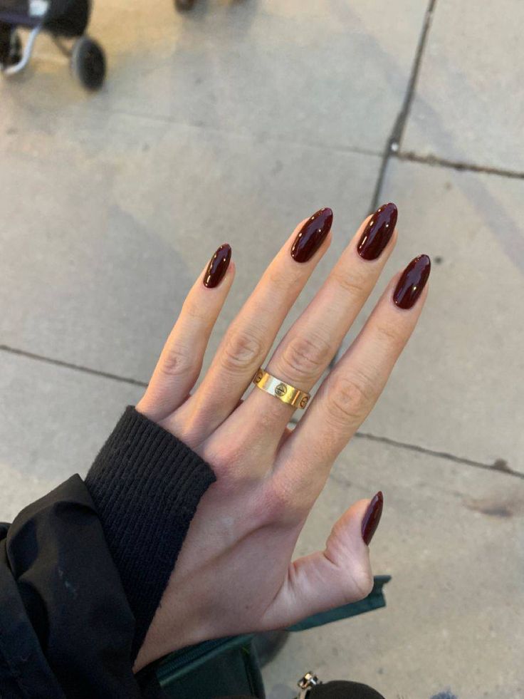 Really Dark Red Nails, Jelly Neutral Nails, Dark Blood Red Nails, Dark Nails Summer, Wine Red Nails Almond, Dark Douyin Nails, Almond Nails Dark Colors, Deep Maroon Nails, Red Nails Dark