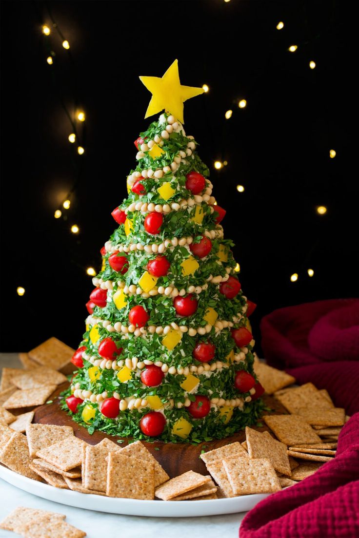 a christmas tree made out of crackers on a plate