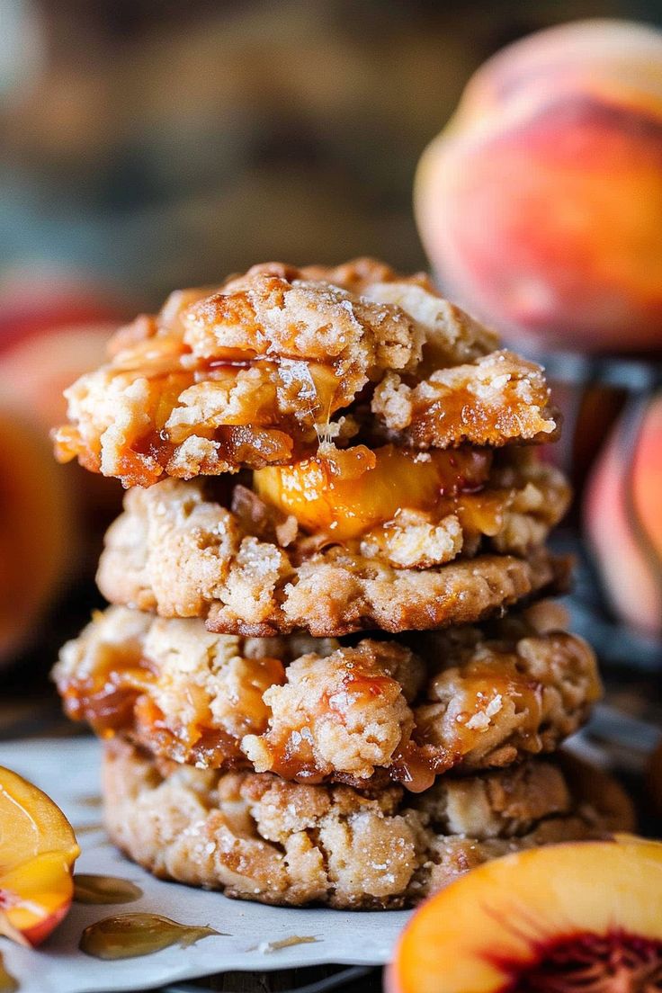 a stack of cookies sitting on top of each other next to sliced peaches and apples