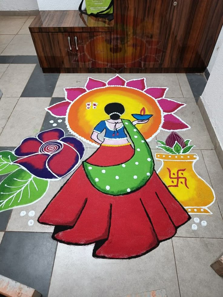 a colorful painting on the ground in front of a counter