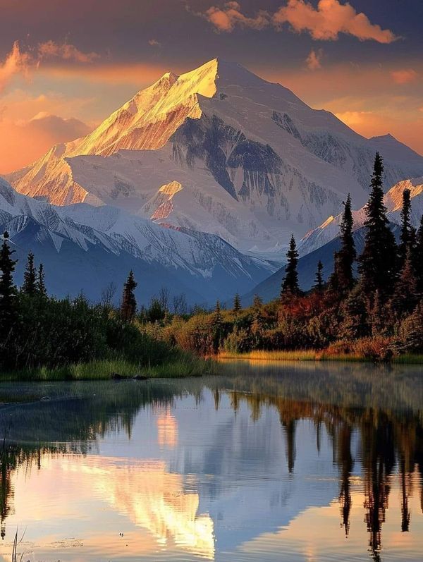 a mountain range is reflected in the water