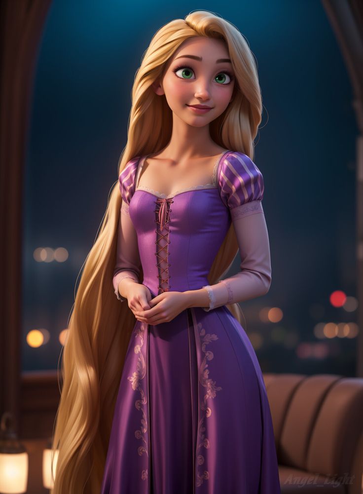 rappui from tangled dress standing in front of a window with city lights behind her