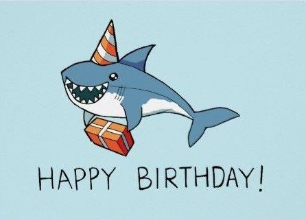 a birthday card with a shark wearing a party hat