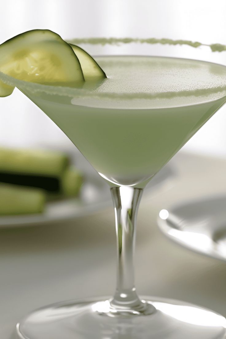 a cucumber in a martini glass with a slice of cucumber on the rim