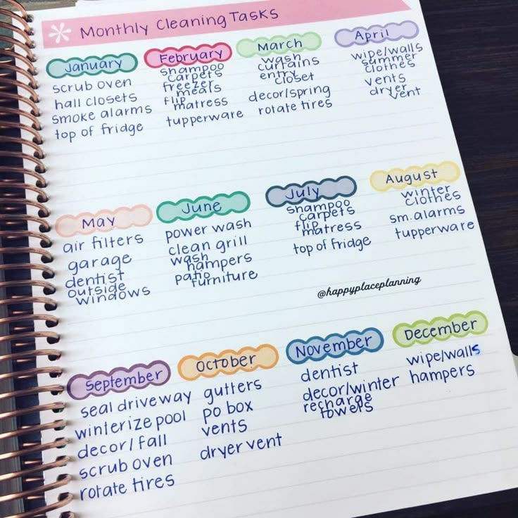 an open planner with the words cleaning tasks written in different colors and sizes on it