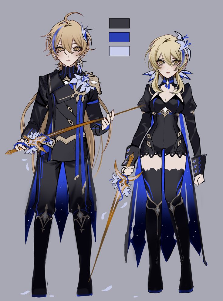 an anime character with long blonde hair and black clothes, holding a blue ribbon while standing next to another character