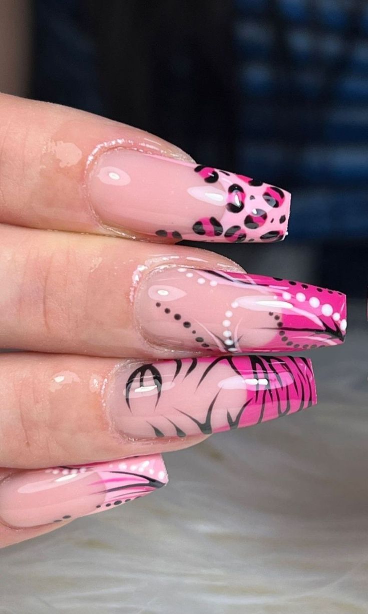 French Tip Animal Print Nails, Pink Cheetah Nails Y2k, Pink Leopard Print French Tip Nails, Nail Inspo Animal Print, Zebra And Leopard Nails, Y2k Nails Cheetah, Pink Leapord Print Nails, Pink Tiger Print Nails, Pink Zebra Nails Y2k