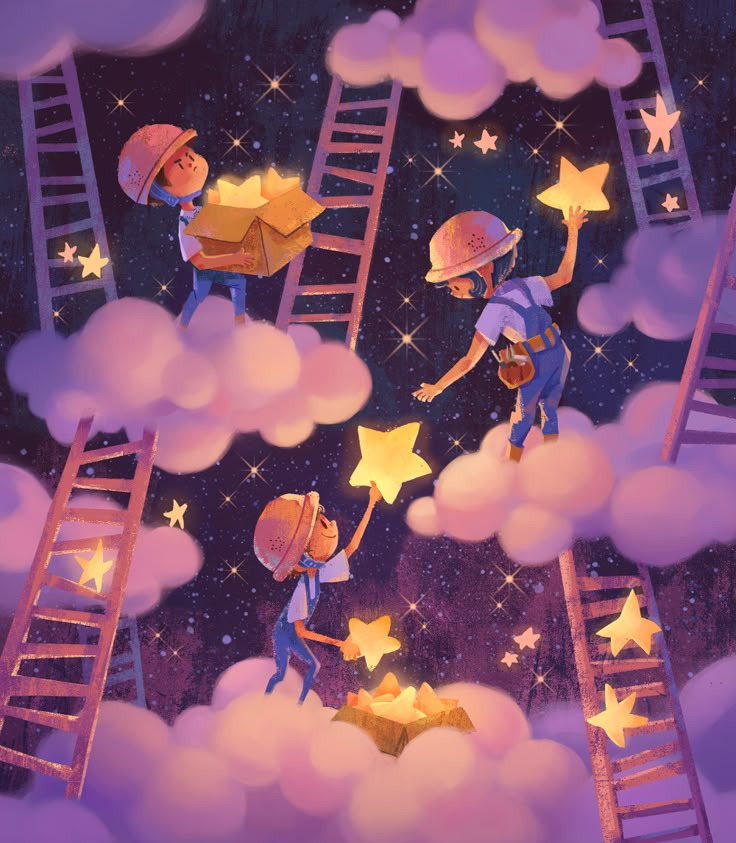 three people are climbing up the ladders to reach stars