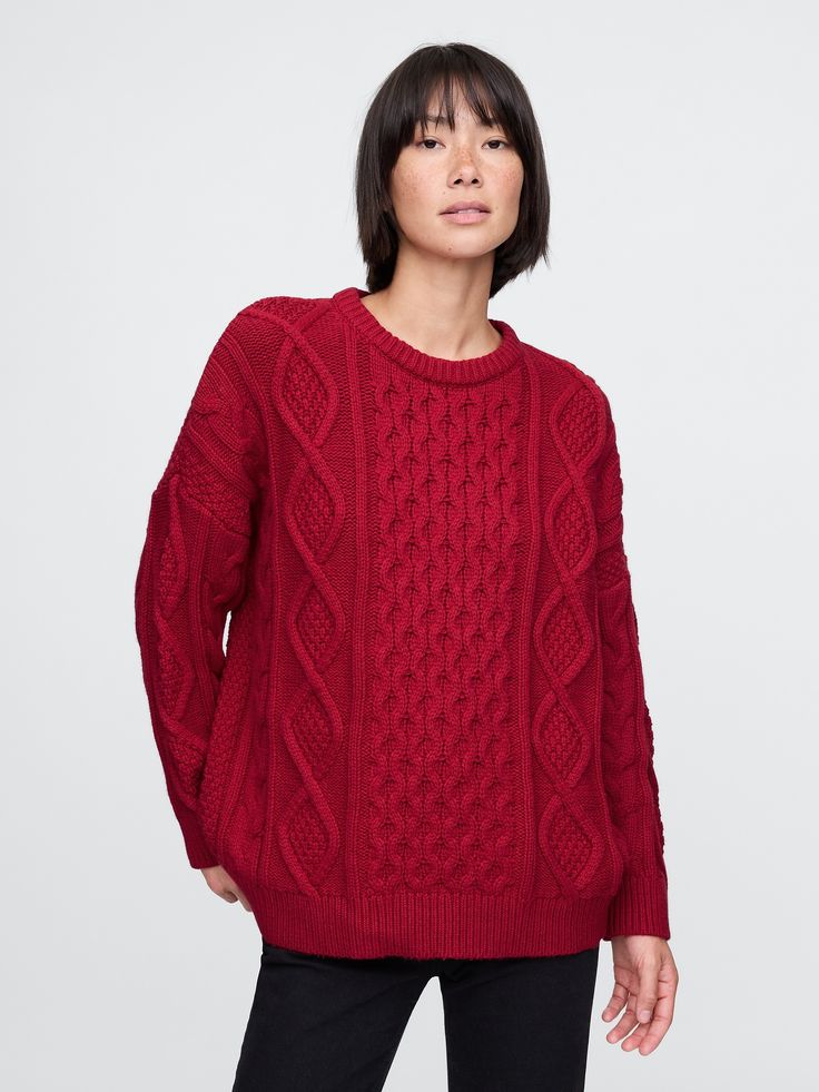 Soft cotton pullover cable-knit sweater.  Ribbed crewneck.  Long sleeves with drop shoulders.  Fit: Over Flowy Fashion, Red Cable Knit Sweater, Red Knit Sweater, Crochet Clothing, Cable Sweater, Cotton Pullover, Cable Knit Sweater, Sled, Knit Cotton