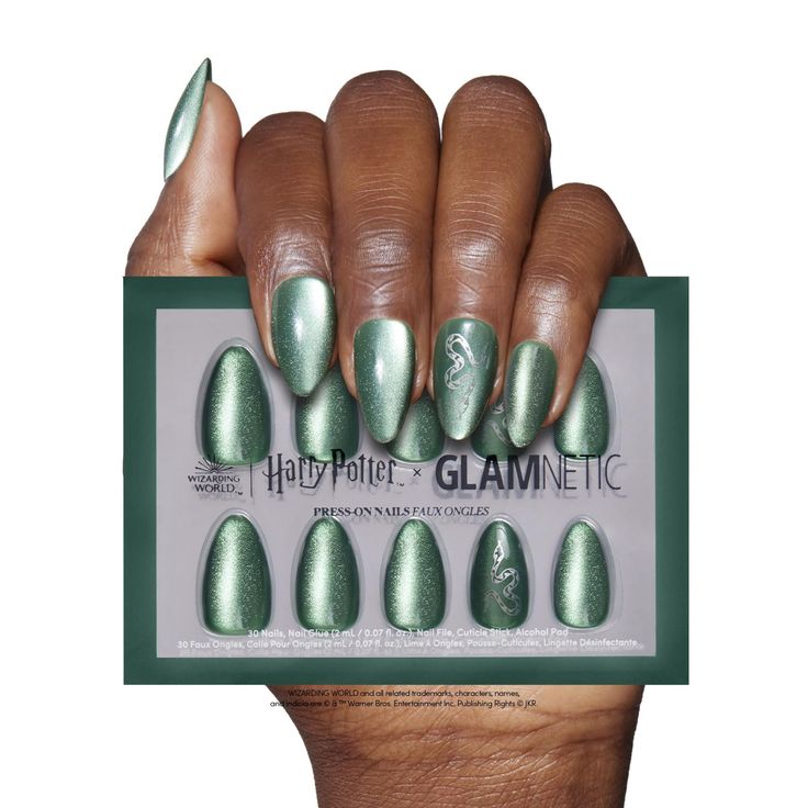 PRICES MAY VARY. High-Quality Press-On Nail Kit: All Glamnetic Press-On Nail Sets offer high-quality salon style and feature protective UV coating, to ensure your nails will never break or split! Green Snake Graphic Velvet Short Almond Nails - Cunning and ambitious, a true Slytherin will love this luxurious and captivating Slytherin Nail Set. Featuring a striking emerald green hue in an enchanting velvet finish, this unique design is adorned with a silver foil serpent that will make you proud to Hand Soak, Short Almond Nails, Short Almond, Green Snake, Fake Nails With Glue, Nail Buffer, Salon Style, Nail Sizes, Nail Accessories