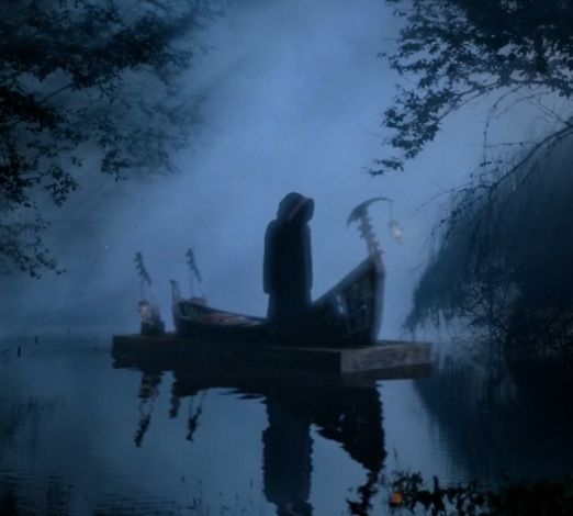 a boat floating on top of a body of water next to trees and foggy sky