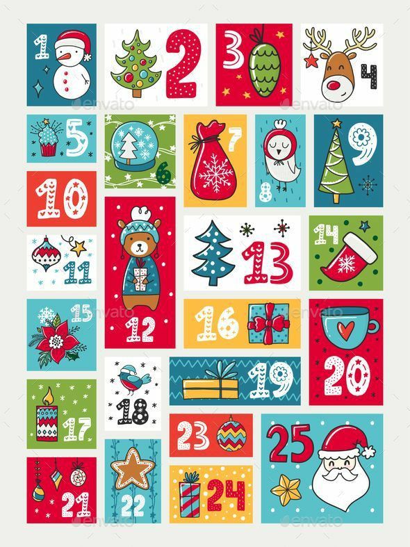 christmas calendar with numbers and icons in different colors - holidays seasons greetings cards & envelopes