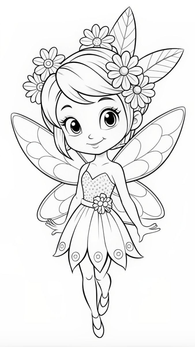 the tinkerbell fairy coloring page is shown in black and white with flowers on her head