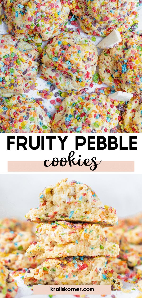 fruity pebble cookies stacked on top of each other with sprinkles