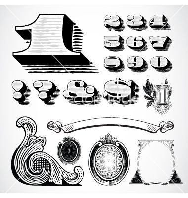 a set of decorative elements in the form of numbers and symbols for design on a white background