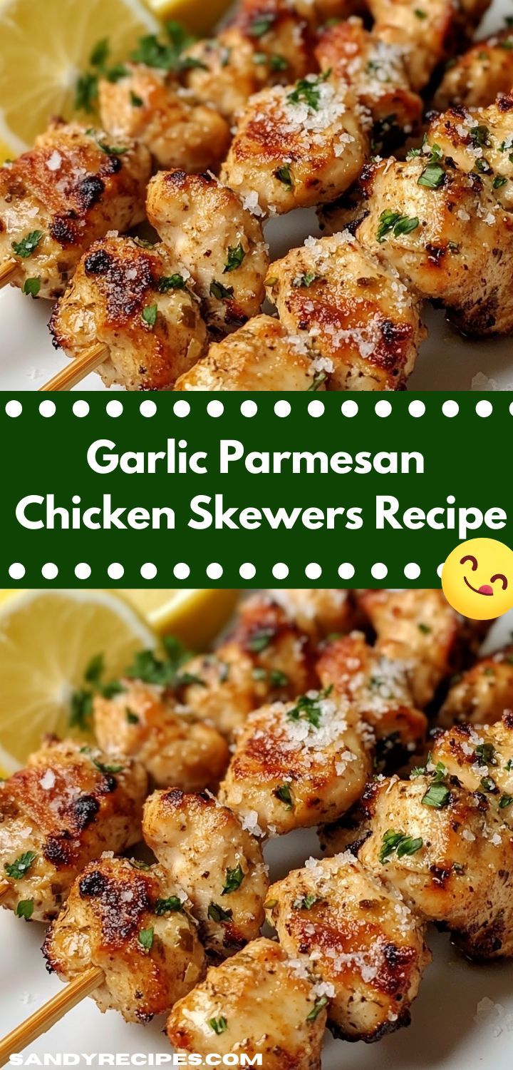 garlic parmesan chicken skewers recipe on a white plate with lemon wedges