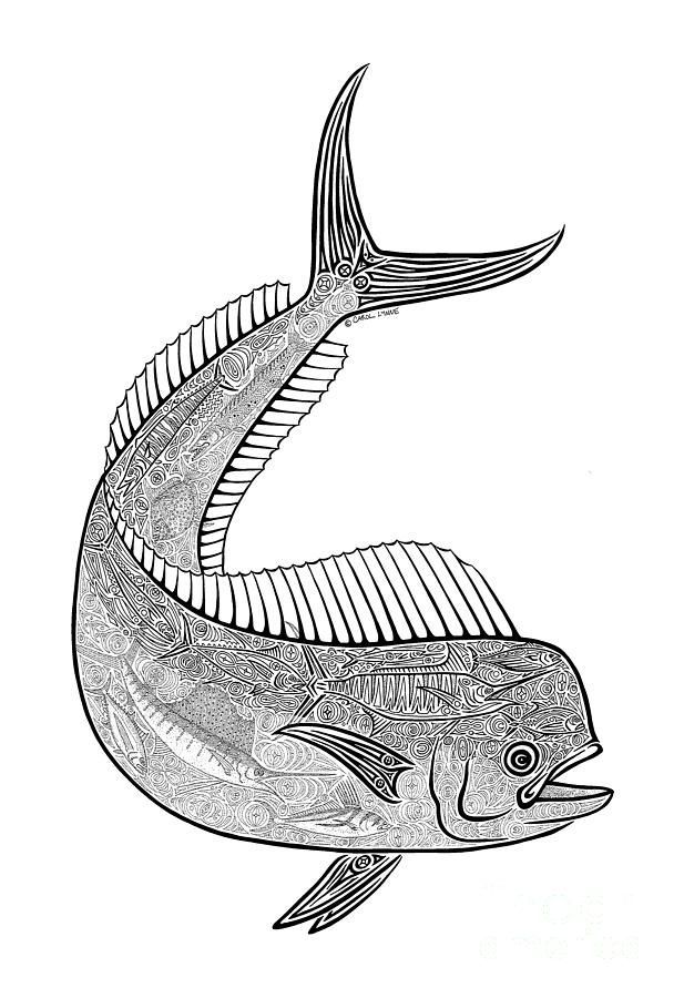 a drawing of a fish with an intricate pattern on it's body and tail