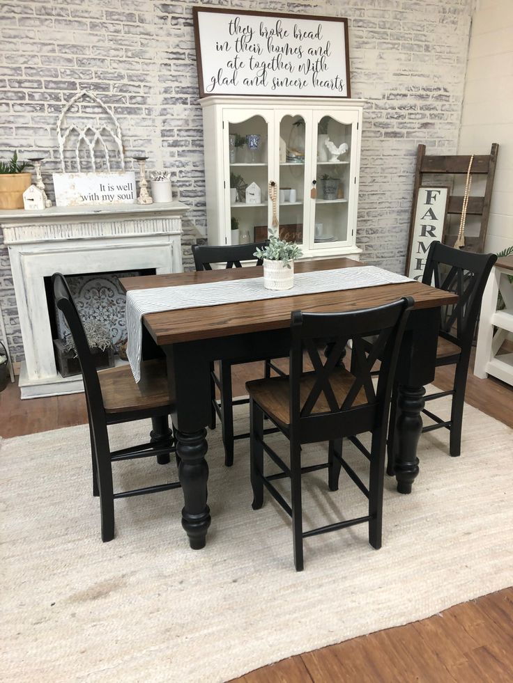 Pictured with a 4' L x 36 W Red Oak with Espresso stain and Black painted base. Pictured with 4 Double Cross Back Counter Height Stools.. Counter Height Dining Room Tables, Boho Homes, Dining Table Makeover, Dining Table Height, Real Wood Furniture, Kitchen Table Makeover, Desert Boho, Farmhouse Decor Kitchen, Farmhouse Kitchen Tables