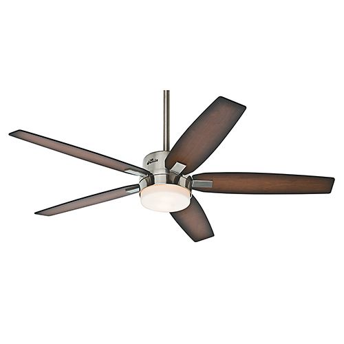 a ceiling fan that is on top of a white wall with a green logo behind it