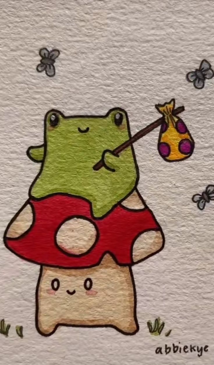 a drawing of a frog with a mushroom on it's back holding a candy bag